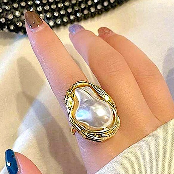 Irregular Pearl Rings Gold Baroque Statement Ring Adjustable Chunky Wedding - Picture 4 of 14